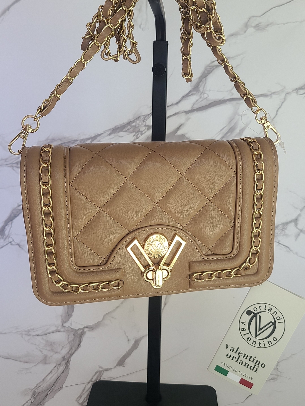 Valentino Orlandi Small Beige Quilted Crossbody with Gold Chain